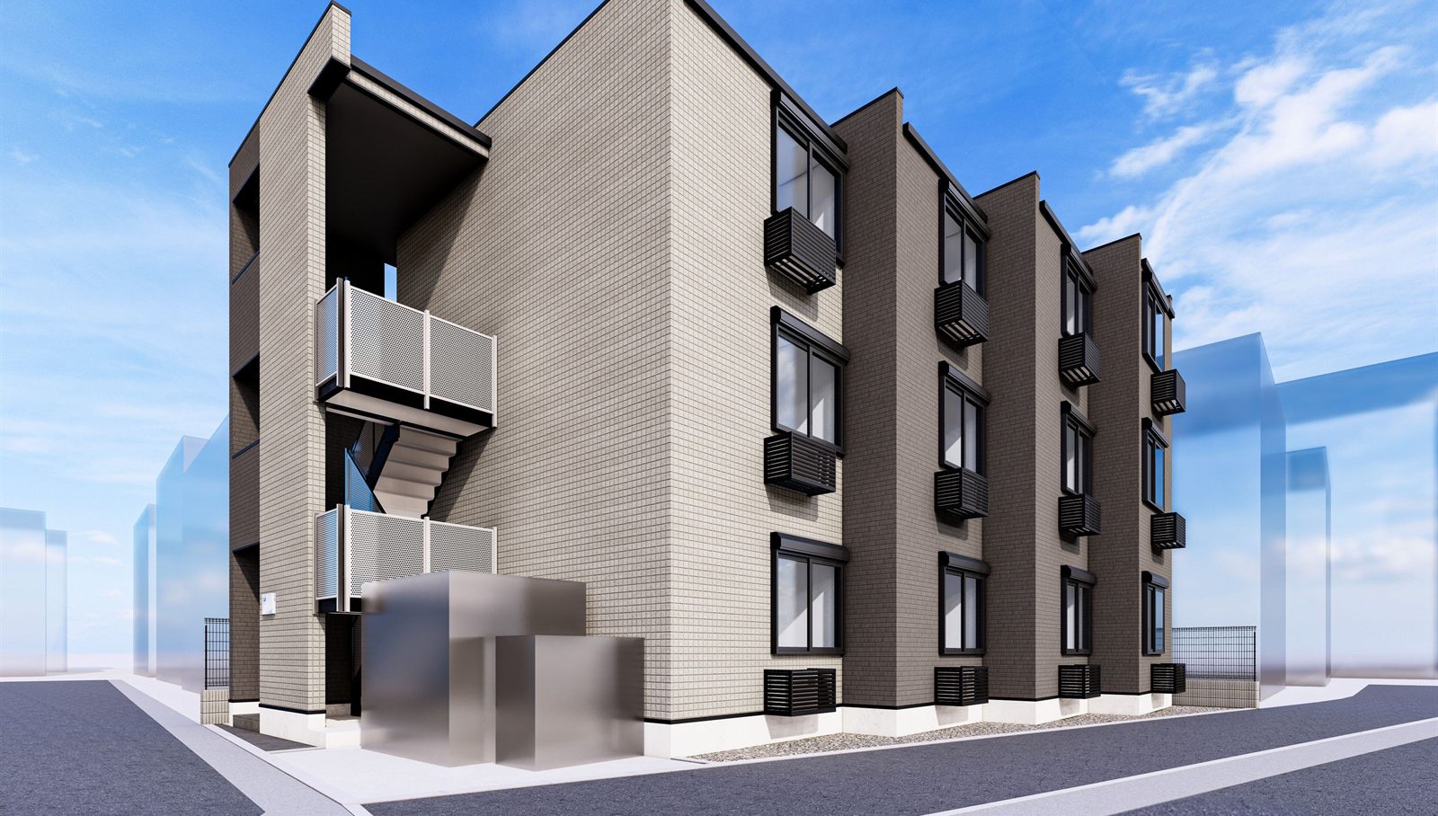 Rendering of a TS Series steel-frame/wooden apartment, a long three-story building