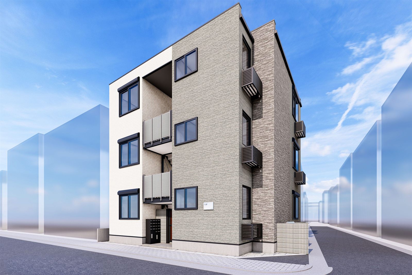 Rendering of a TS Series steel-frame/wooden apartment with white and gray walls