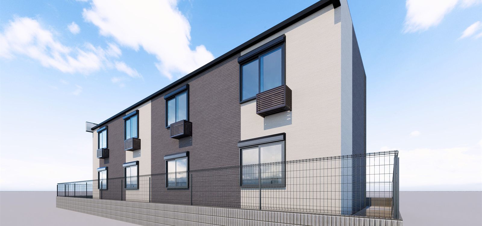 Rendering of a two-story TS Series steel-frame/wooden apartment