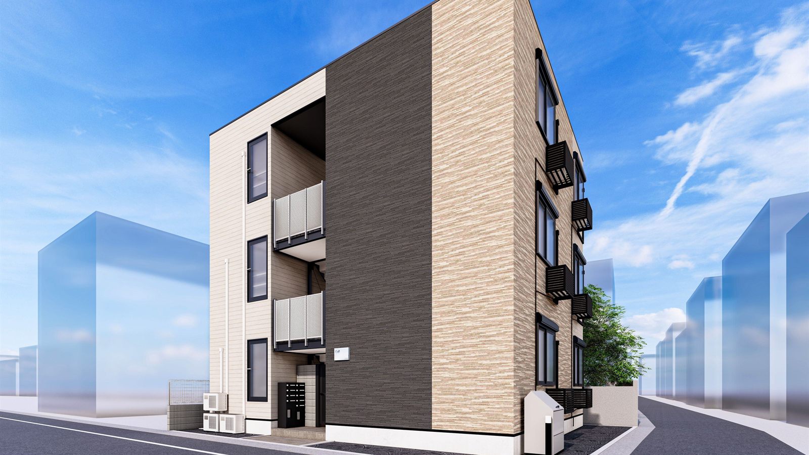 Rendering of a TS Series steel-frame/wooden apartment with beige and dark brown walls